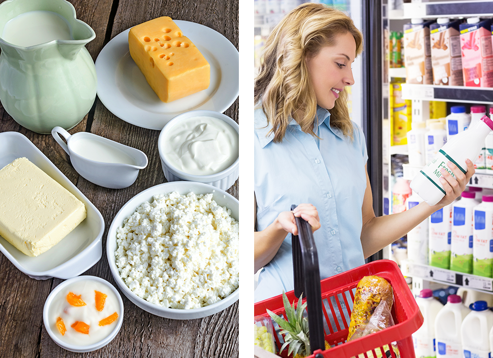 section-2-dairy-products.jpg/authentic dairy products spread out on a table; section-2-shopping.jpg/woman looking for certified dairy products at a grocery store